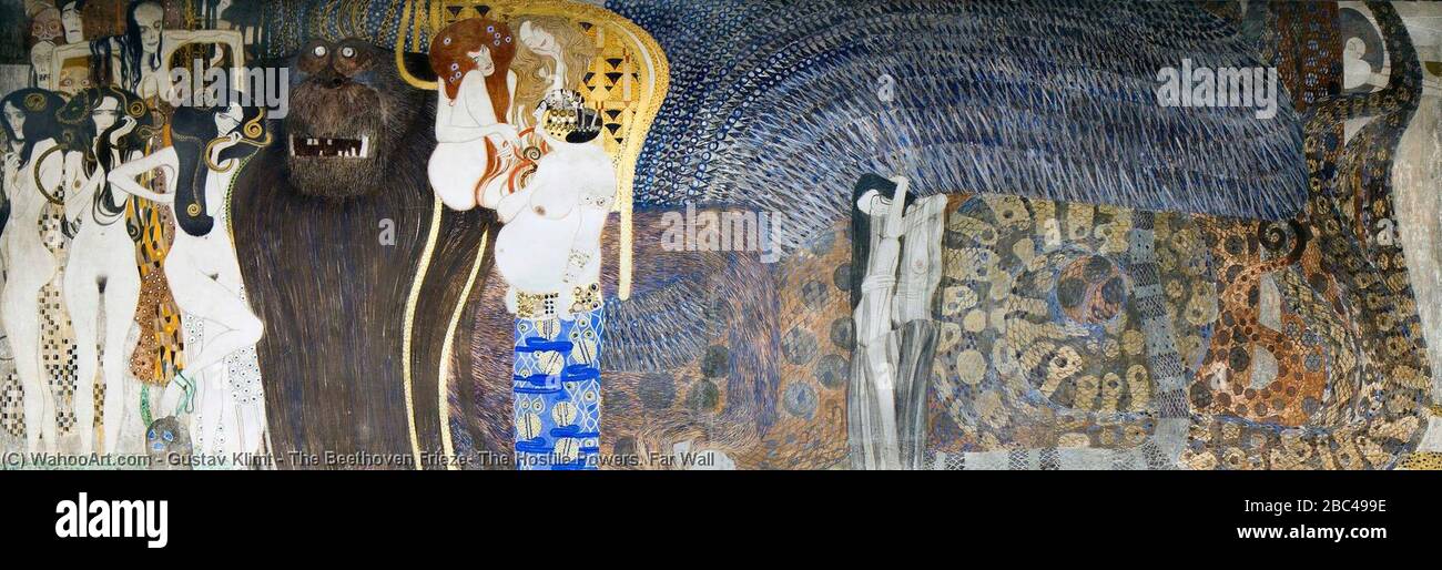 Gustav-Klimt-the-Beethoven-Frieze-the-hostile-pouvoirs.-Far-Wall. Banque D'Images