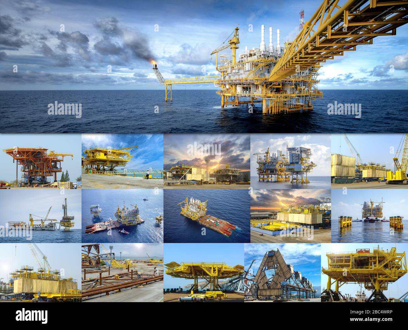 Image de concept de l'industrie. Fabrication de plate-forme pétrolière et gazière et installation Offshore. Exploration des ressources ou champ pétrolier très important pour un combustible mondial Banque D'Images