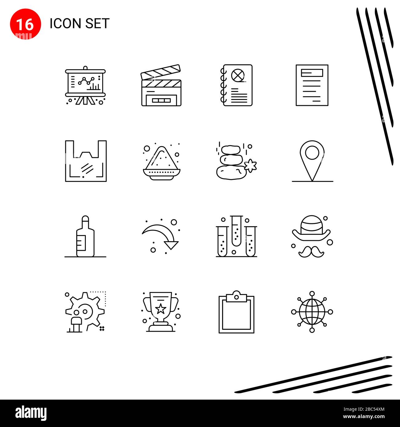 16 concept Outline pour les sites Web Mobile et Apps plastique, sac, cinéma, étude, livre Editable Vector Design Elements Illustration de Vecteur