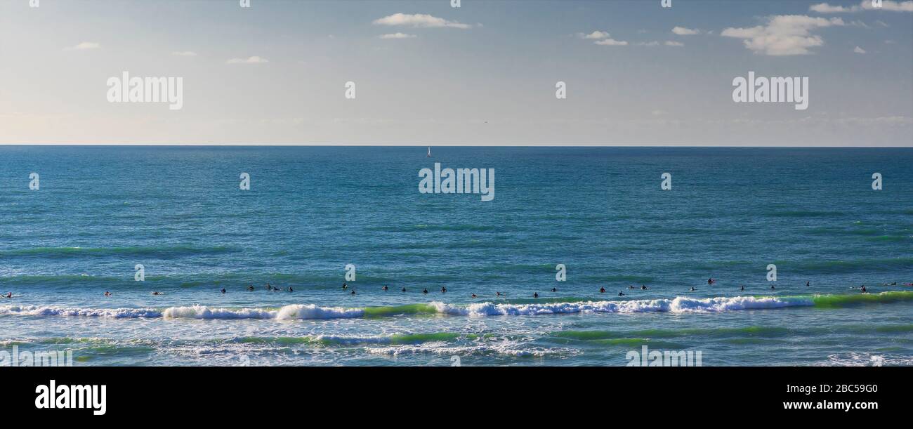 Les surfeurs s'attendent à une vague sur la côte Banque D'Images