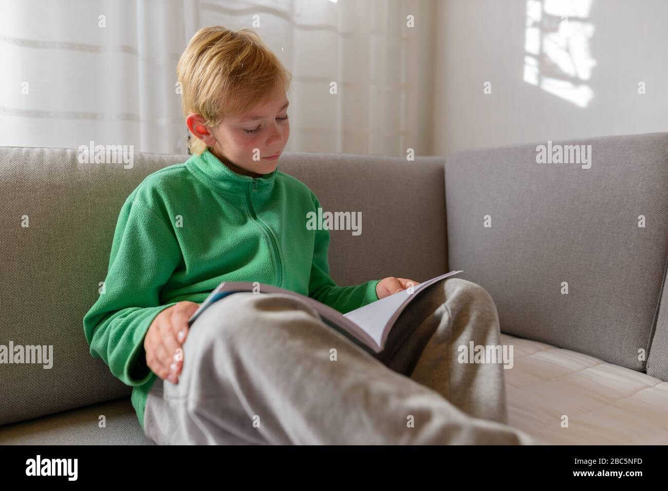 Livre de lecture pour jeune garçon sur le canapé à la maison Banque D'Images