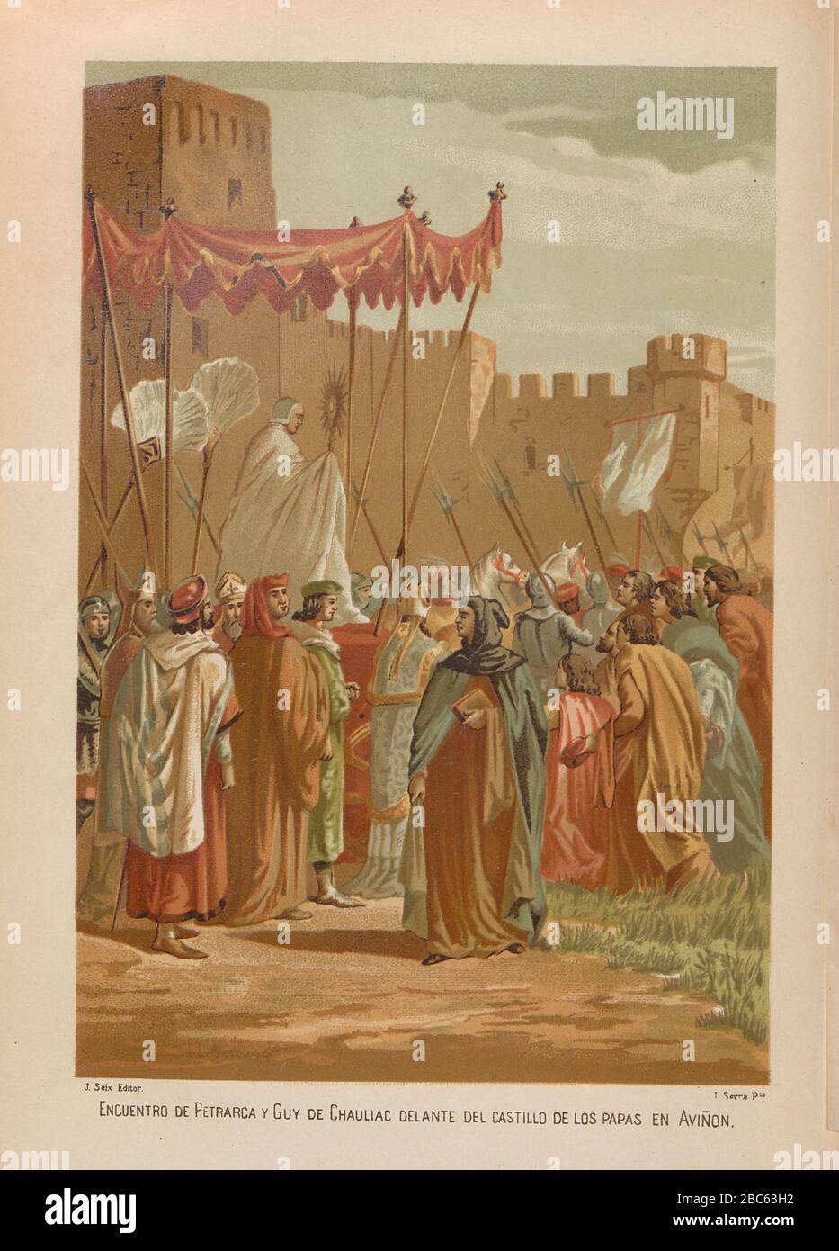 Rencontre de Petrarch et de Guy de Chauliac à l'extérieur du château des Papes à Avignon. Francesco Petrarca (20 juillet 1304 - 19 juillet 1374), couramment anglophone comme Petrarch, était un érudit et poète italien de la Renaissance italienne, et l'un des premiers humanistes. Il est souvent appelé le « Père de l'Humanisme ». Ses sonnets ont été admirés et imités dans toute l'Europe pendant la Renaissance et sont devenus un modèle pour la poésie lyrique. Il a beaucoup voyagé en Europe et a servi d'ambassadeur et a été appelé "le premier touriste" parce qu'il a voyagé juste pour le plaisir. Guy de Chauliac (1300 - 25 juillet 1368), W Banque D'Images