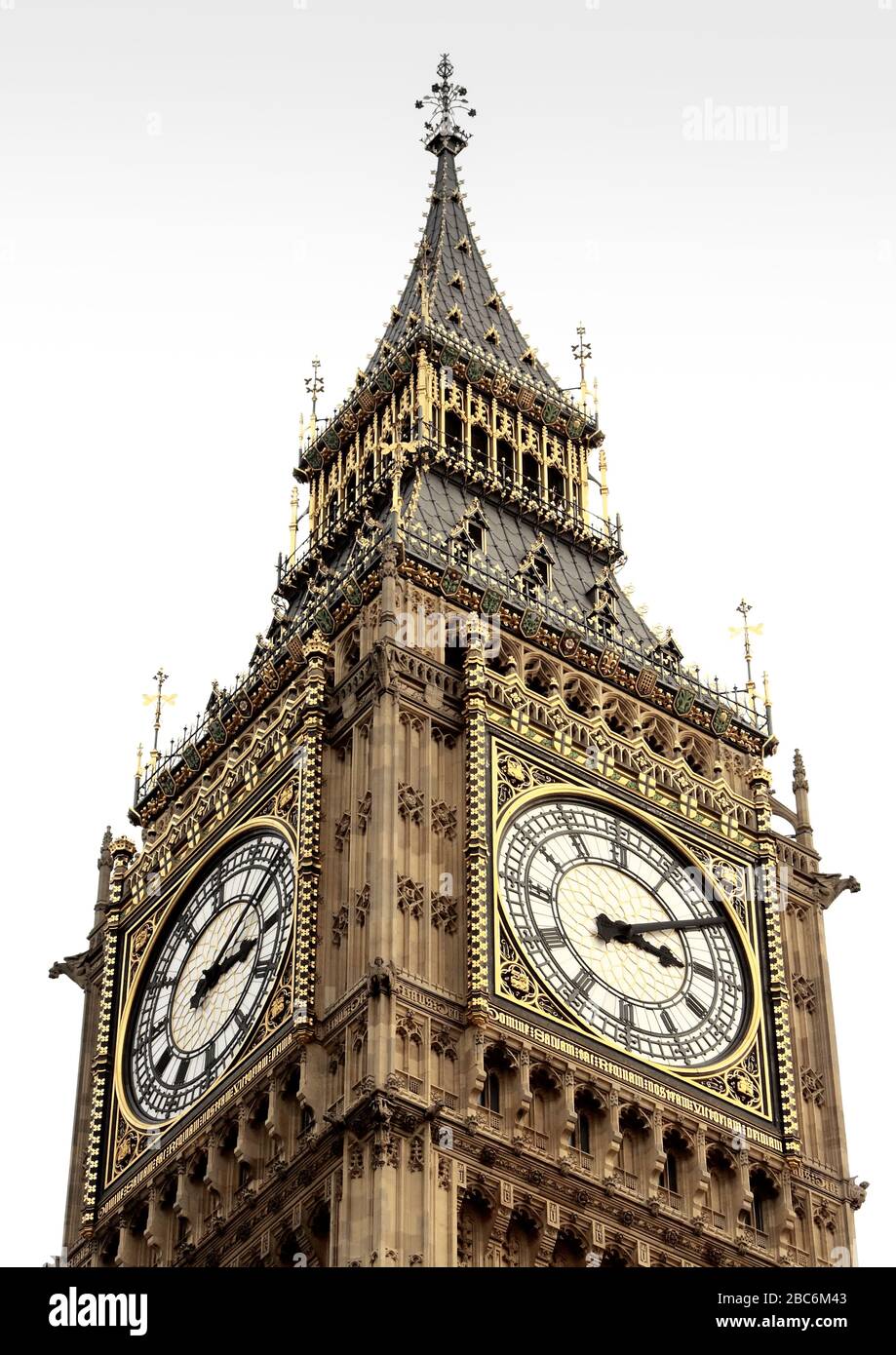Gros plan de deux heures sur la Tour St Stephens ou la Tour Elizabeth, communément appelée Big Ben, partie des Chambres du Parlement à Westminster Banque D'Images