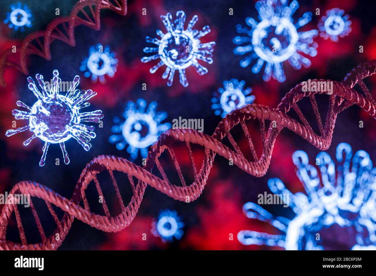 Image de la cellule d'adn du virus de la grippe COVID-19 sous le microscope sur le sang. Coronavirus Covid-19 éclosion de grippe contexte. santé médicale en cas de pandémie ri Banque D'Images