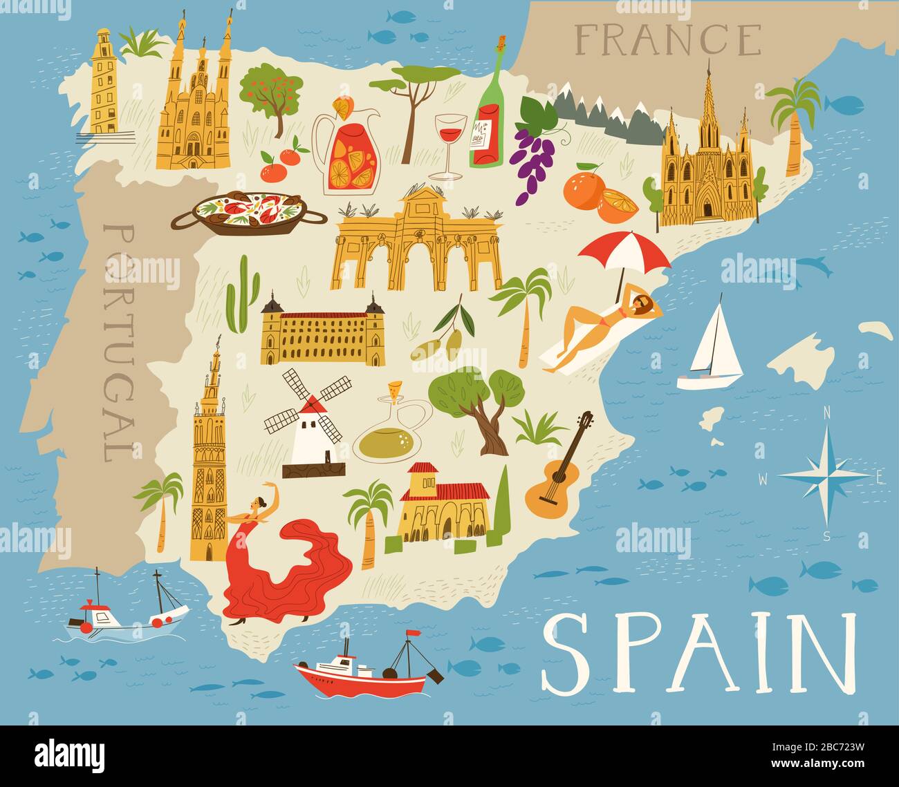 Carte vectorielle de l'Espagne avec des points de culture Illustration de Vecteur