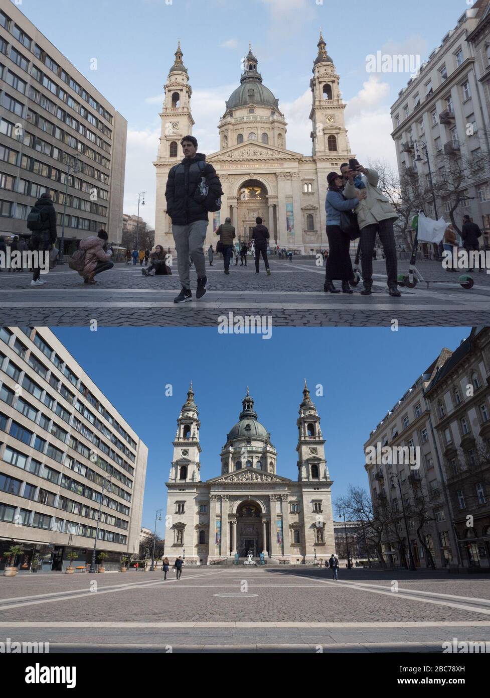 Budapest, le 21 février. 2 avril 2020. La photo combinée montre aux touristes qui visitent la basilique Saint-Étienne à Budapest, en Hongrie, le 21 février 2020 (en haut) et la rue vide du même endroit pendant la pandémie de COVID-19, le 2 avril 2020. Crédit: Attila Volgyi/Xinhua/Alay Live News Banque D'Images