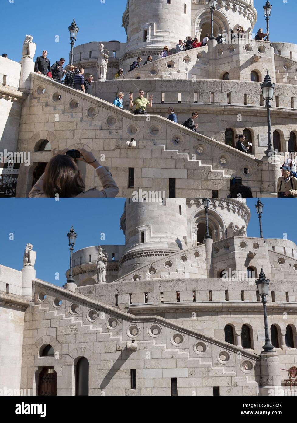 Budapest, 27 septembre. 2 avril 2020. La photo combinée montre aux touristes qui visitent le bastion de Fisherman's à Budapest, en Hongrie, le 27 septembre 2018 (top) et le même endroit pendant la pandémie de COVID-19, le 2 avril 2020. Crédit: Attila Volgyi/Xinhua/Alay Live News Banque D'Images