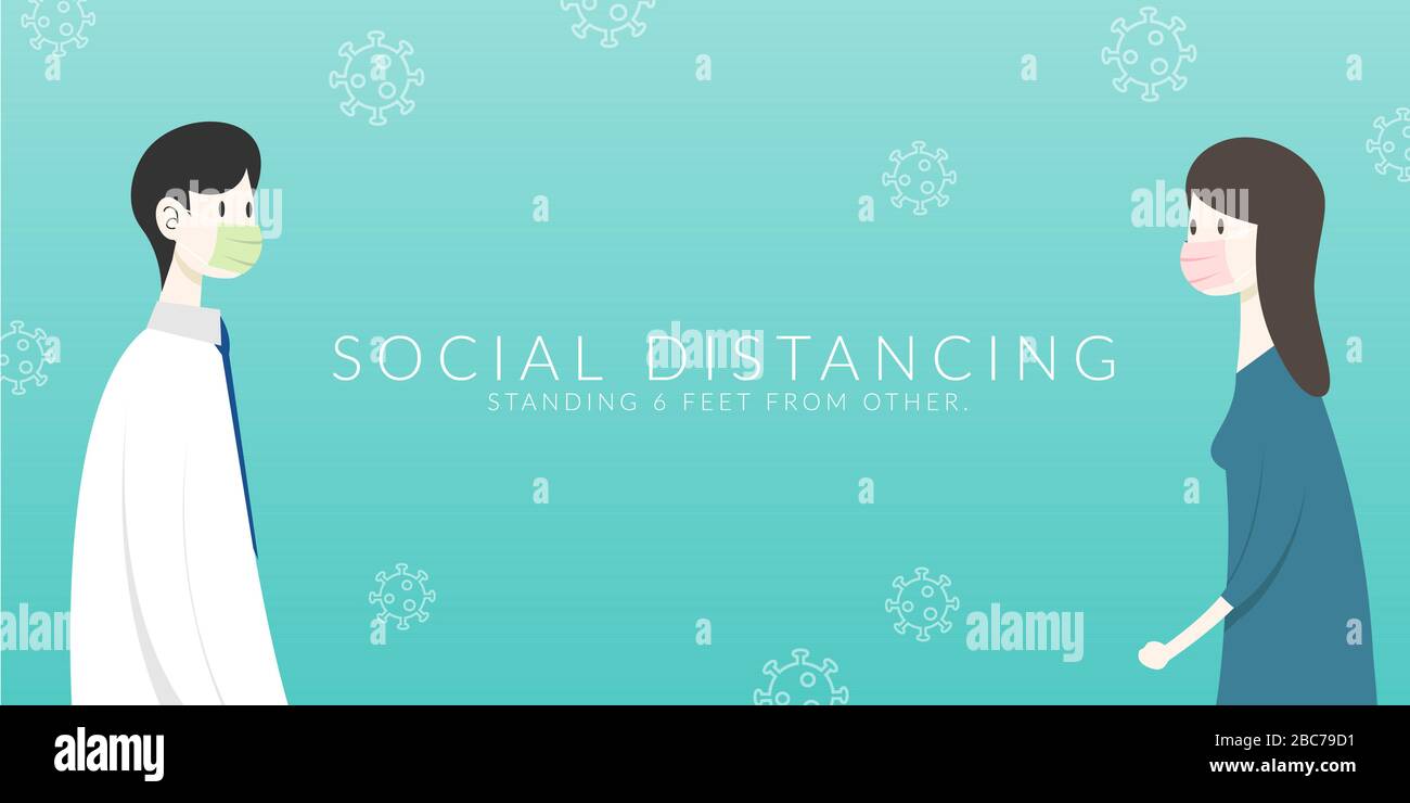 Distanciation sociale. Deux personnes restent espacées les unes des autres pour augmenter l'espace physique entre les personnes afin d'éviter de répandre la maladie pendant le trans Illustration de Vecteur