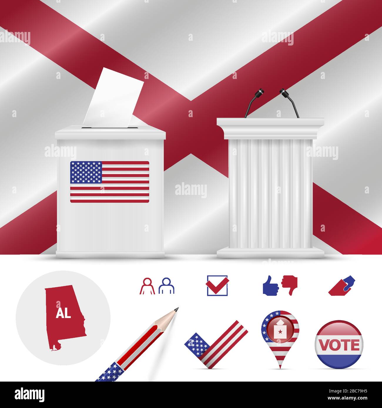 Élections présidentielles en Alabama. Drapeau vectoriel, urnes réalistes, podium de l'orateur public, plan de silhouette et ensemble d'icônes de vote. Illustration de Vecteur