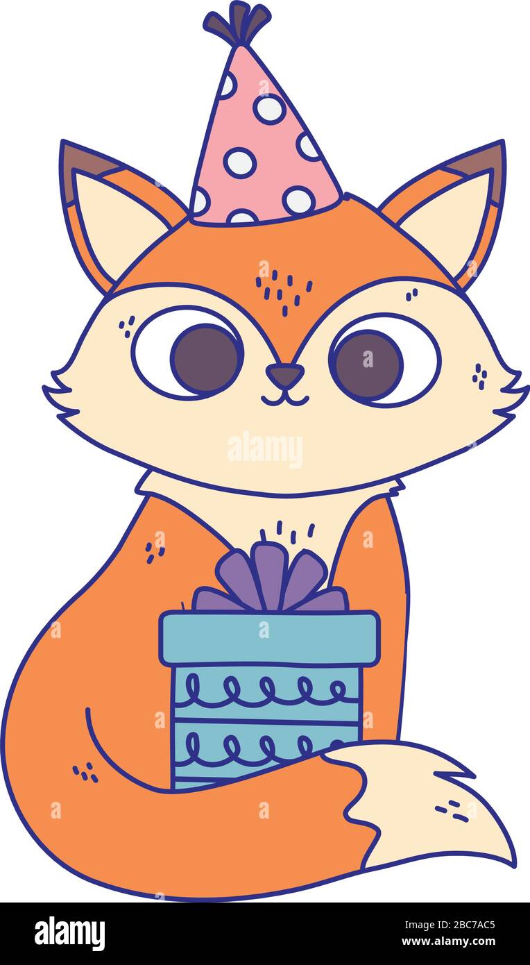 Joyeux Anniversaire Petit Renard Avec Chapeau De Fete Et Boite Cadeau Celebration Caricature Isolement Dessin Icone Illustration Vectorielle Image Vectorielle Stock Alamy