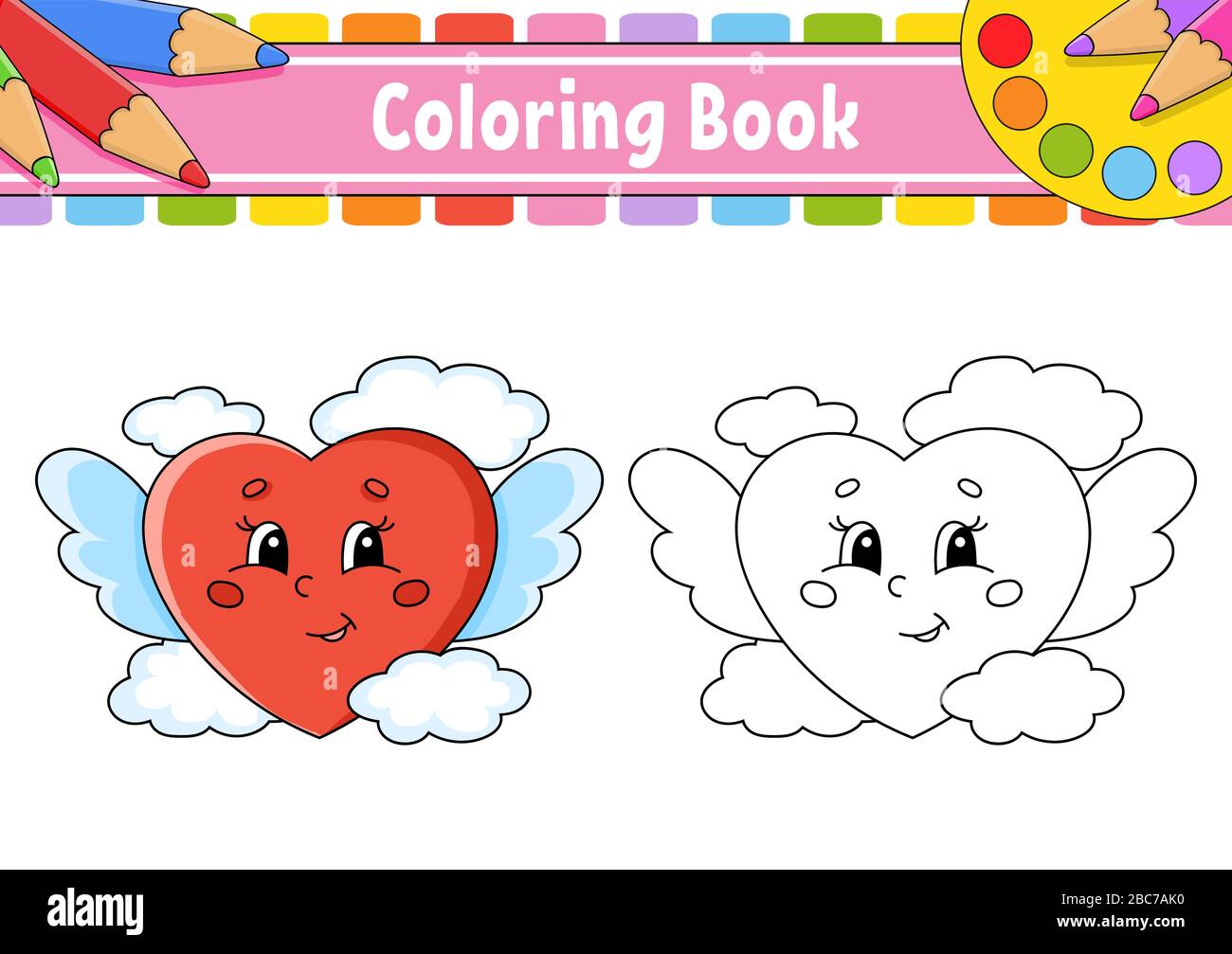 Livre de coloriage pour enfants. Un coeur affectueux avec ailes vole dans les nuages. Personnage de dessin animé. Illustration vectorielle. Silhouette de contour noir. Isolé sur W Illustration de Vecteur