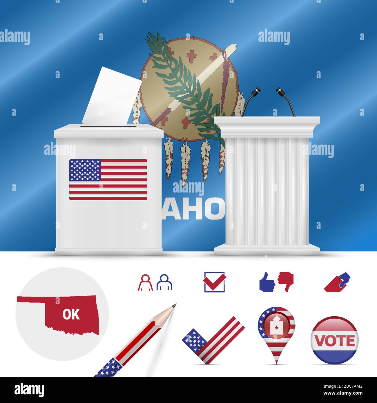 Élections présidentielles en Oklahoma. Drapeau vectoriel, urnes réalistes, podium de l'orateur public, plan de silhouette et ensemble d'icônes de vote. Illustration de Vecteur