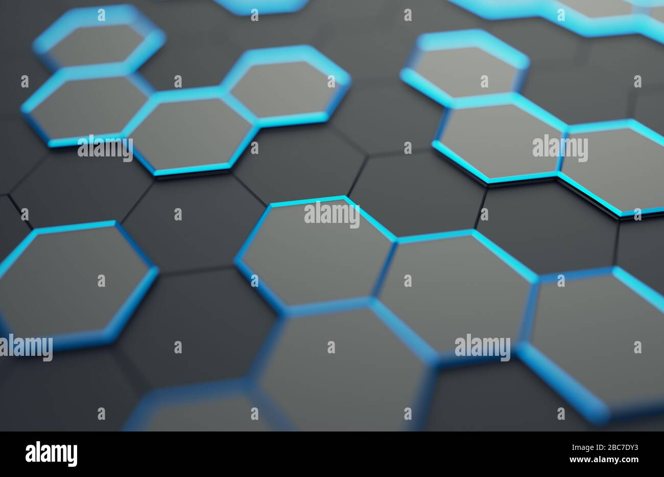 Rendu 3D abstrait de surface futuriste avec des hexagones. Arrière-plan contemporain en science-fiction avec effet bokeh. Motif poster. Banque D'Images