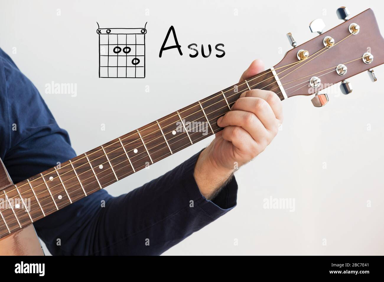 Apprendre la guitare - Homme dans une chemise bleu foncé jouant des accords  de guitare affichés sur le tableau blanc, Chord A sus Photo Stock - Alamy