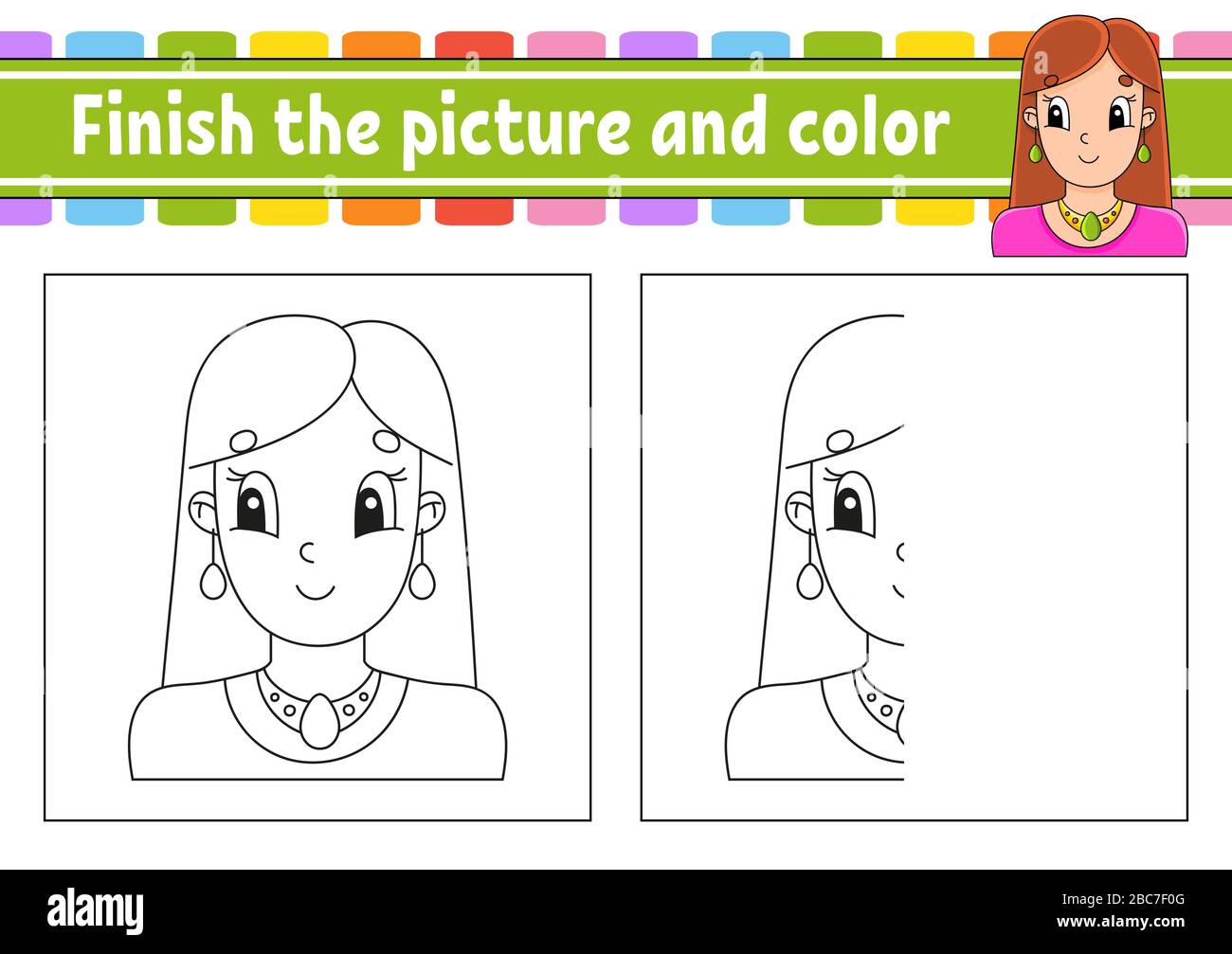 Terminez l'image et la couleur. Caractère de dessin animé isolé sur fond blanc. Pour l'éducation des enfants. Feuille de calcul d'activité. Illustration de Vecteur