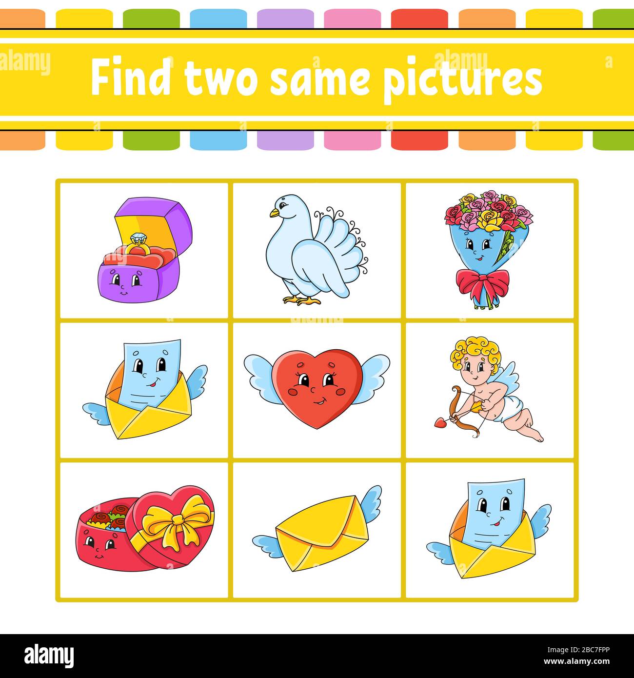 Trouvez deux photos identiques. Tâche pour les enfants. Feuille de travail de développement de l'éducation. Page activité. Jeu de couleurs pour enfants. Drôle de personnage. Vecteur isolé illust Illustration de Vecteur