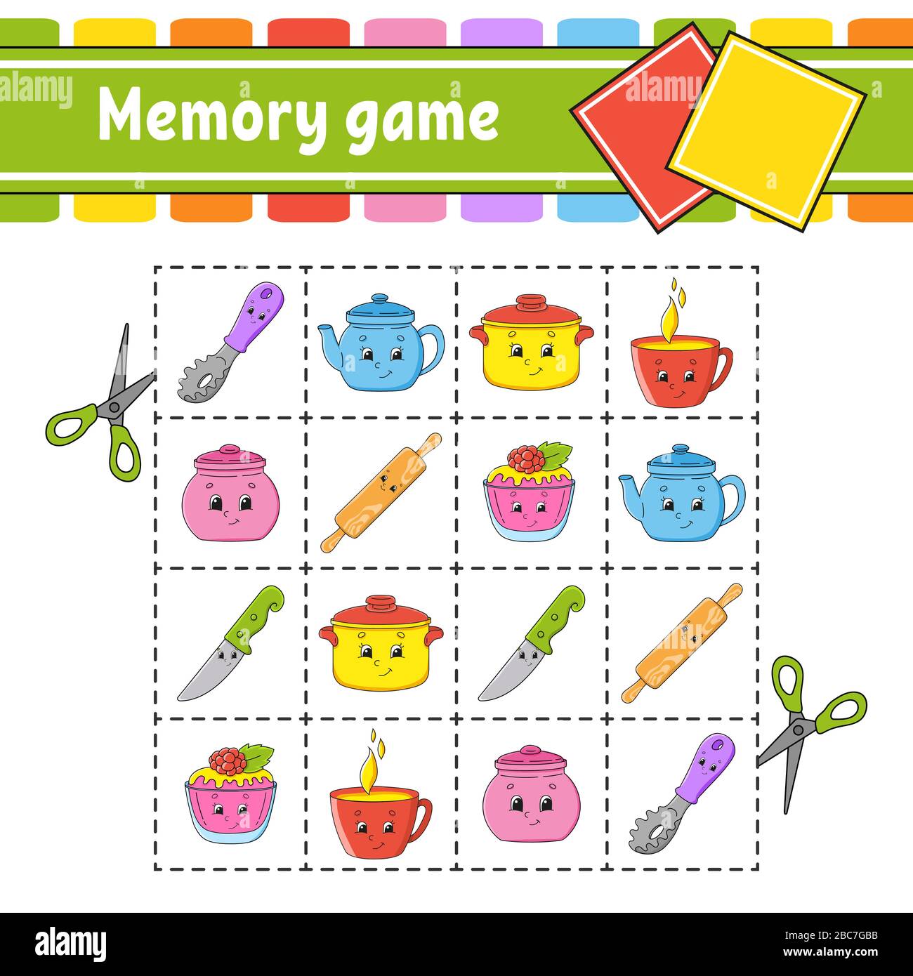 Jeu de mémoire pour les enfants. Feuille de travail de développement de l'éducation. Page d'activité avec photos. Jeu de puzzle pour enfants. Formation à la pensée logique. Vecteur isolé Illustration de Vecteur