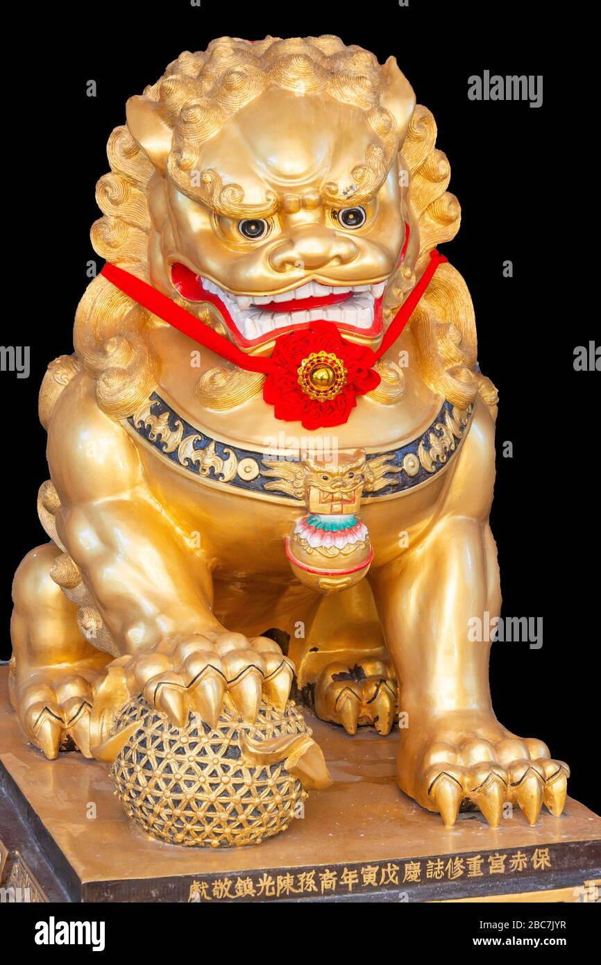 Lion gardien à l'entrée du temple chinois Tan si Chong su, Magazine Road, Clarke Quay, Singapour Banque D'Images