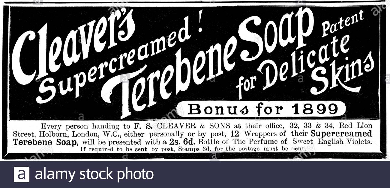 Époque victorienne, savon Terebene Cleavers Supercreamed pour peau délicate, publicité ancienne de 1899 Banque D'Images