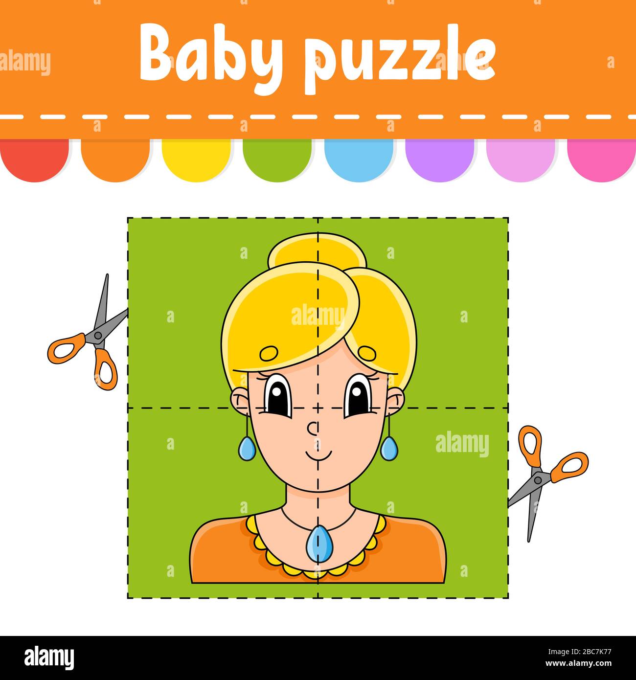 Puzzle de bébé. Niveau facile. Cartes flash. Couper et jouer. Feuille de calcul d'activité couleur. Jeu pour enfants. Personnage de dessin animé. Illustration de Vecteur