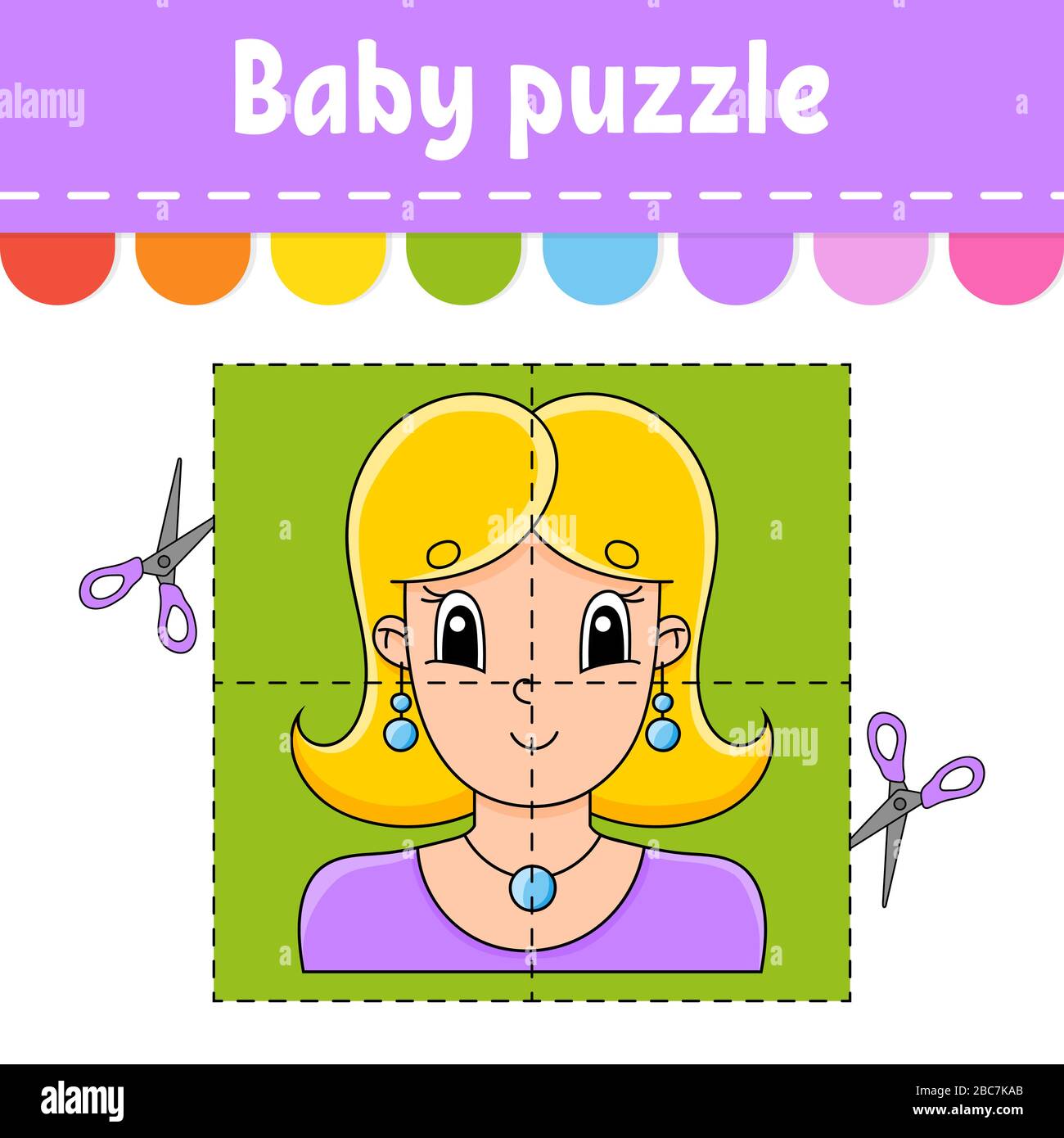 Puzzle de bébé. Niveau facile. Cartes flash. Couper et jouer. Feuille de calcul d'activité couleur. Jeu pour enfants. Personnage de dessin animé. Illustration de Vecteur