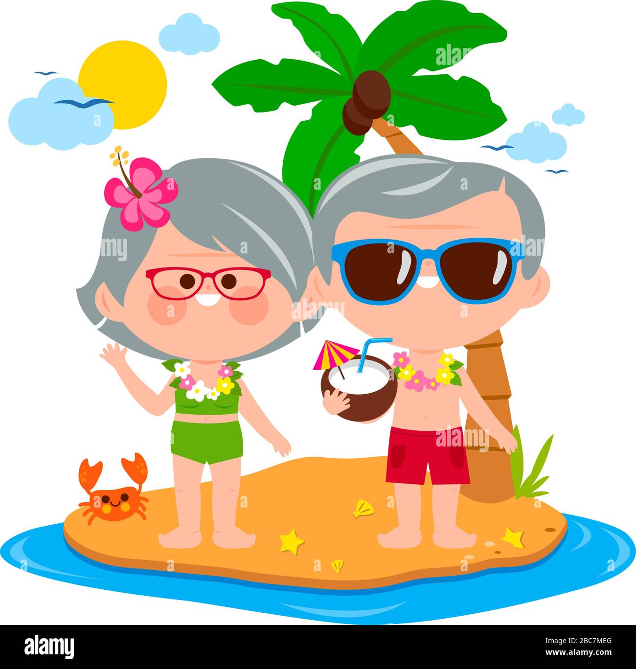 Couple de personnes âgées à une plage tropicale sur une île. Illustration vectorielle Illustration de Vecteur