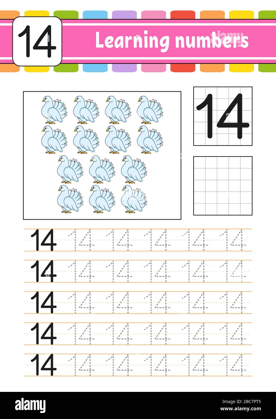 Numéro 14. Suivi et écriture. Pratique de l'écriture manuscrite. Numéros d'apprentissage pour les enfants. Feuille de travail de développement de l'éducation. Page activité. Jeu pour les tout-petits. Isoler Illustration de Vecteur