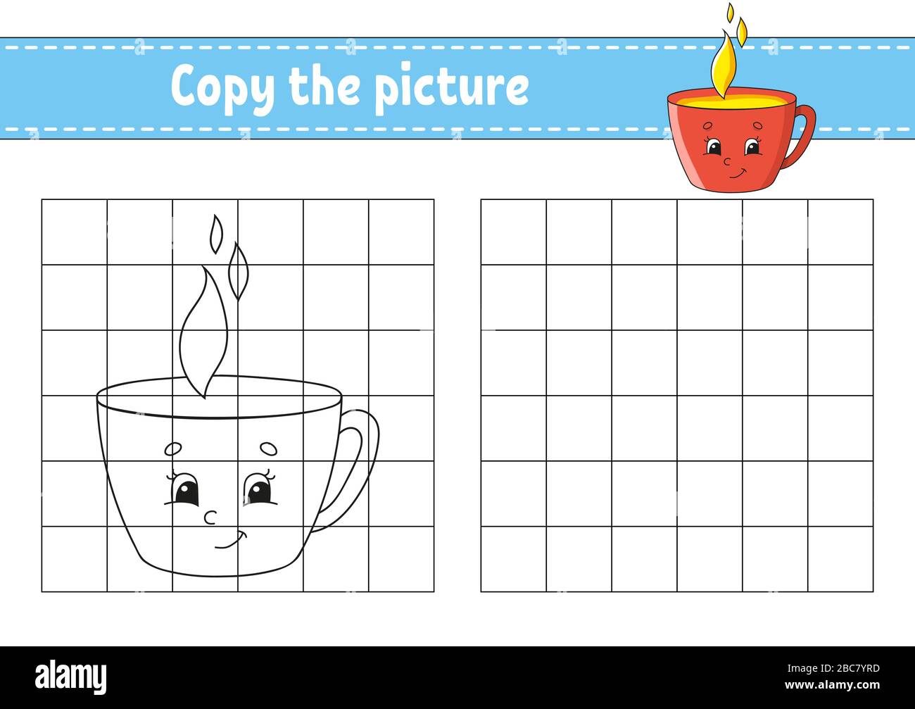 Copiez la photo. Tasse. Pages de livres de coloriage pour enfants. Feuille de travail de développement de l'éducation. Jeu pour enfants. Pratique de l'écriture manuscrite. Caractère Catoon. Illustration de Vecteur