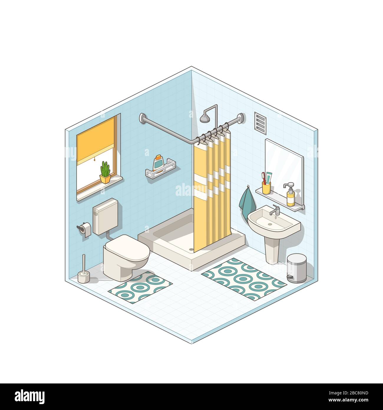 Salle de bains isométrique avec mobilier. Illustration vectorielle avec calques séparés. Illustration de Vecteur