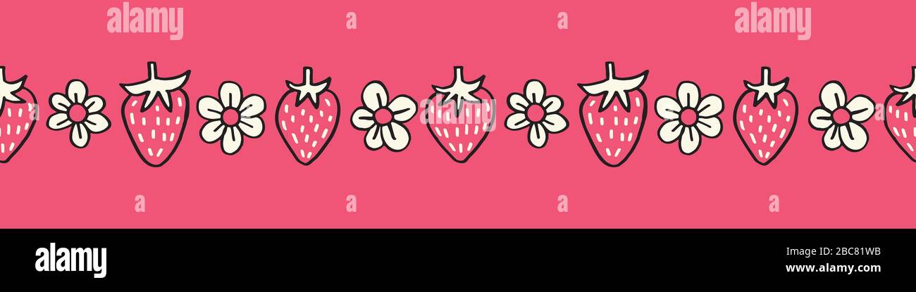 Marqueur à pointe feutre monochrome dessiné à la main fraises et fleurs frontière à motif transparent vectoriel Illustration de Vecteur