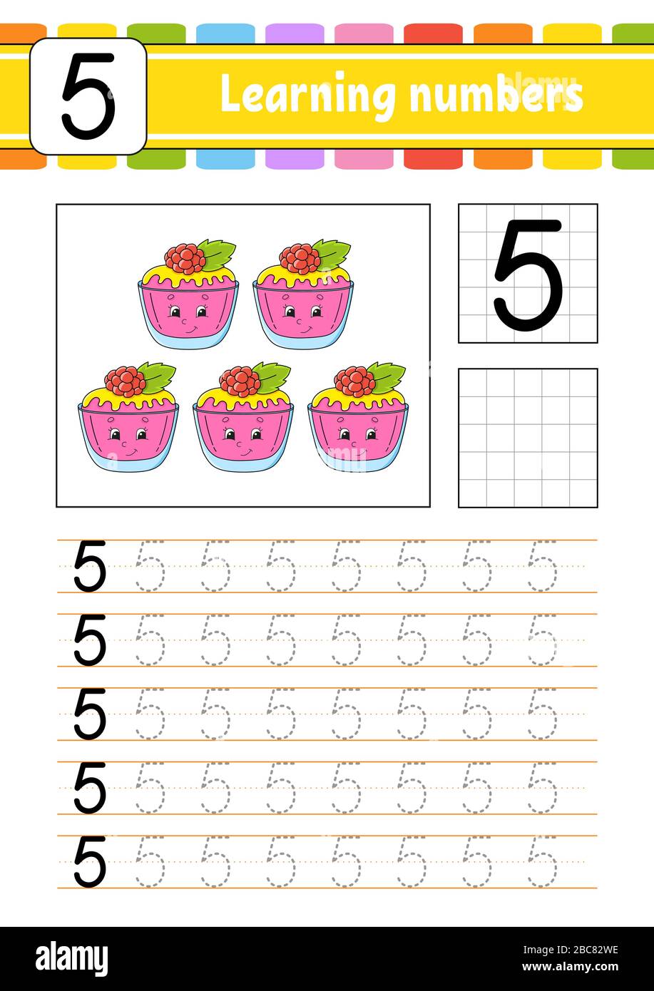 Numéro 5. Suivi et écriture. Pratique de l'écriture manuscrite. Numéros d'apprentissage pour les enfants. Feuille de travail de développement de l'éducation. Page activité. Illustratio vectoriel isolé Illustration de Vecteur