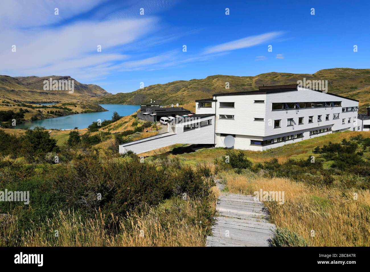 L'Explora Patagonia Hotel Salto Chico, Lago Pehoe, Torres de Paine, région de Magallanes, Patagonia, Chili Banque D'Images