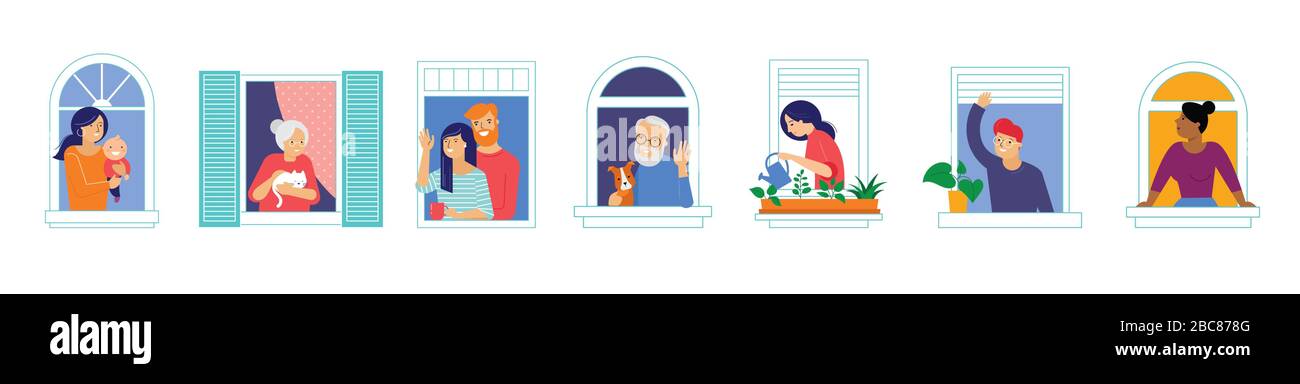 Restez à la maison, COVID-19 concept de pandémie. Façade de maison avec fenêtres ouvertes. Différents types de personnes regardant et communiquer avec leur Illustration de Vecteur