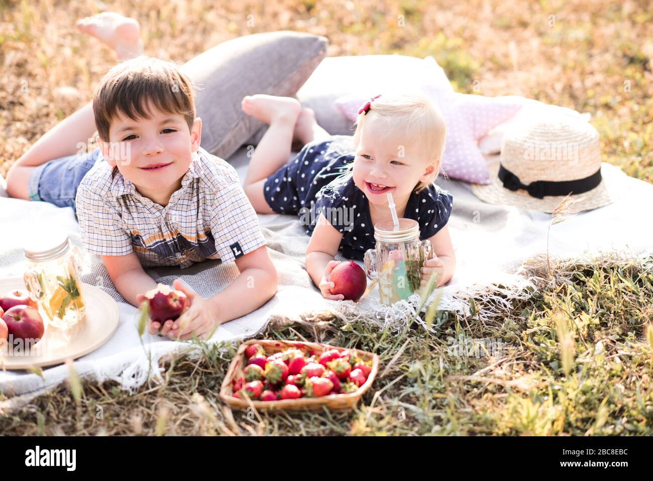 Enfant garcon 3 4 ans et fille 2 3 ans manger des fruits ayant pique nique dehors dans la prairie. Amuse toi bien ensemble. Enfance. Le bonheur Photo Stock Alamy