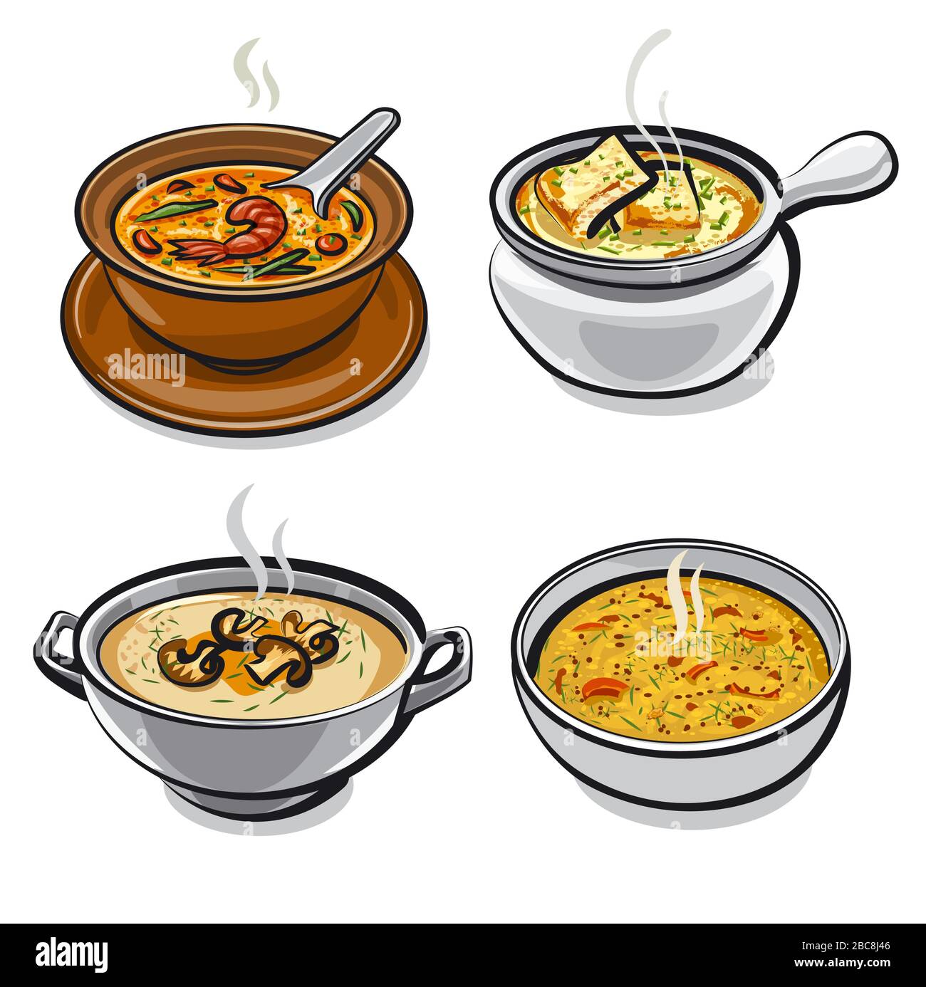 illustration des différentes soupes chaudes de la cuisine dans les bols Illustration de Vecteur