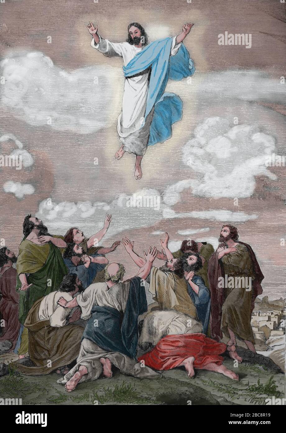 L'Ascension de Jésus. Gravure. Sainte Bible, XIXe siècle. Banque D'Images