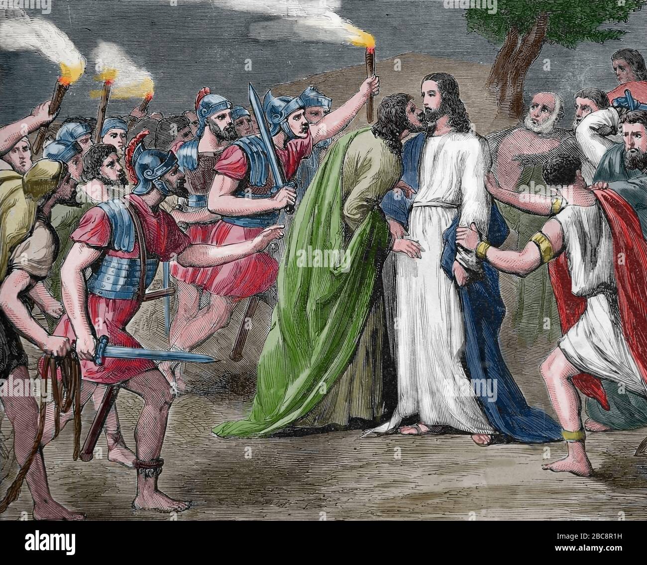 L'arrestation de Jésus dans le jardin de Gethsémané. Baiser de Judas. Gravure. Sainte Bible, XIXe siècle. Banque D'Images