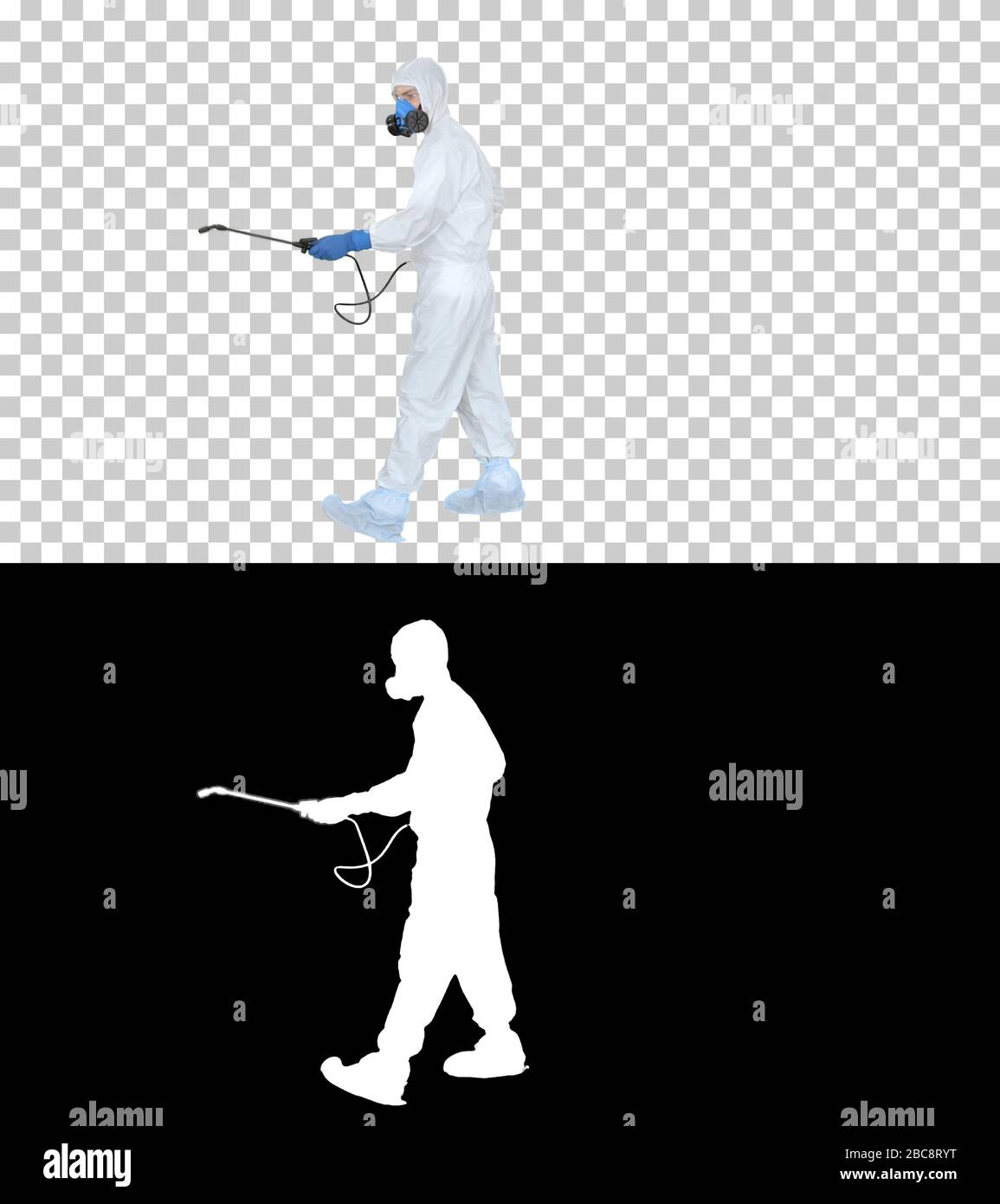 Virologue en uniforme de protection marche et désinfection de c Banque D'Images