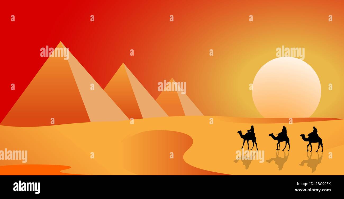 Une caravane à dos de chameau suit dans le désert en toile de fond d'un coucher de soleil ensoleillé. Les pyramides. Désert de sable. Illustration de Vecteur