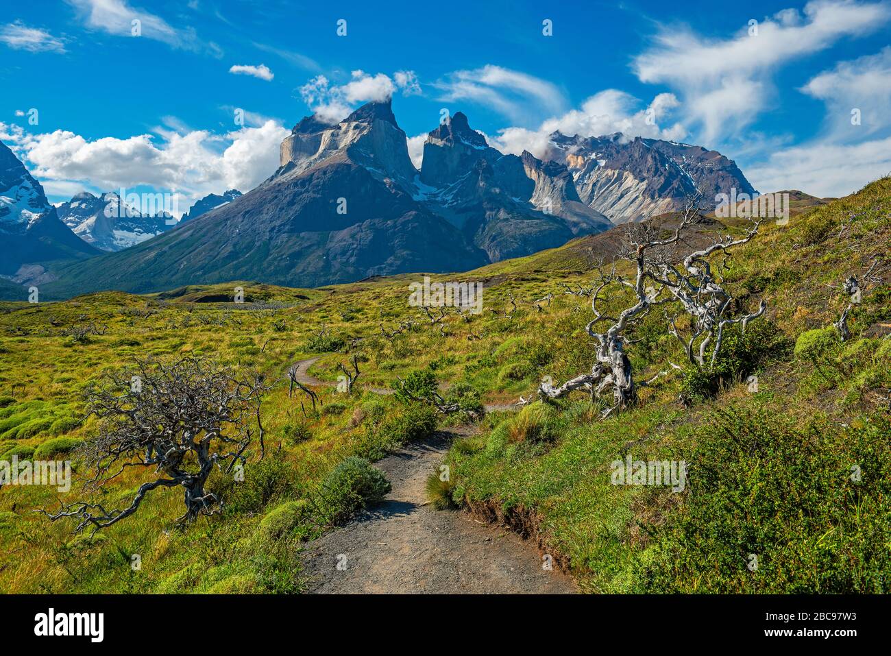 Sur la route sur un sentier de randonnée pour les routards dans le parc national Torres del Paine à Patagonia, au Chili. Banque D'Images