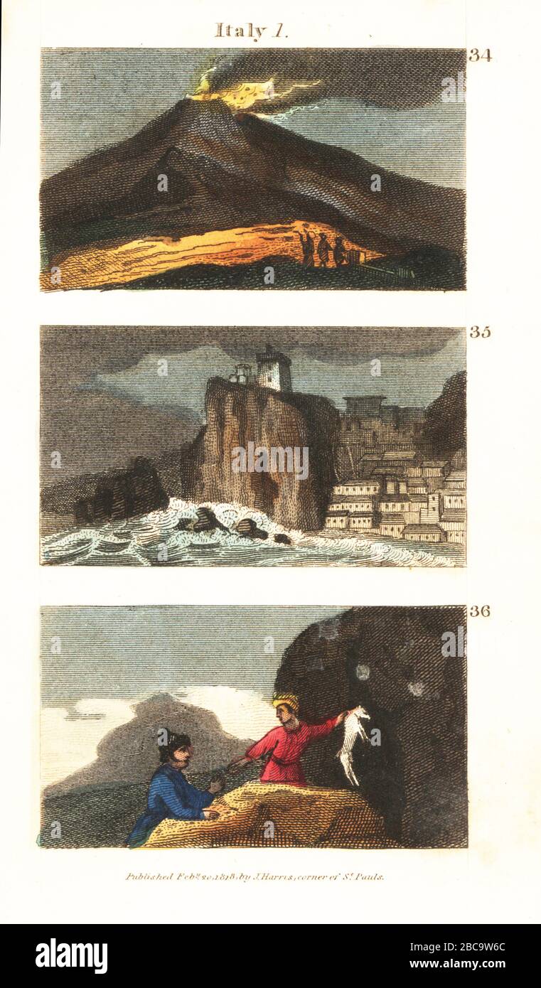 Vues historiques de l'Italie. L'Etna volcanique en Sicile 34, les roches de Scylla et le bain à remous Charybdis 35, et les Italiens poussant un chien dans le gaz toxique à la Grotte des chiens (Grotto del Cani) près de Naples 36. Gravure en copperplate de couleur à la main des scènes du Rév. Isaac Taylor en Europe, pour le divertissement et l'instruction des voyageurs de Little tarry-at-Home, John Harris, Londres, 1819. Banque D'Images