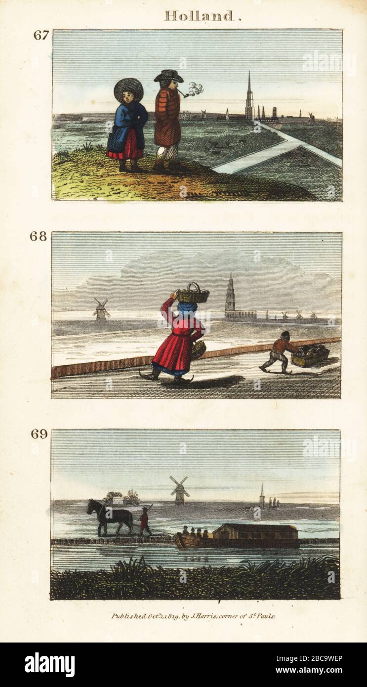 Vue historique de la Hollande. Homme et femme néerlandais en face d'une ville 67, femme patinant sur la glace pour la commercialiser avec un panier sur sa tête 68, et des barges équestres ou Trectschutz sur le canal 69. Gravure en copperplate de couleur à la main des scènes du Rév. Isaac Taylor en Europe, pour le divertissement et l'instruction des voyageurs de Little tarry-at-Home, John Harris, Londres, 1819. Banque D'Images