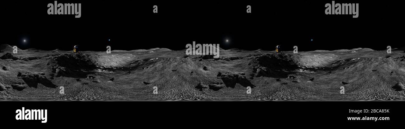 Vue VR de la surface de la Lune, avec le Lander lunaire Apollo (LEM). La Terre est visible dans le ciel. Il s'agit d'une illustration stéréoscopique, conçue pour être visualise dans un casque de réalité virtuelle ou pour la projection sur un dôme. Banque D'Images