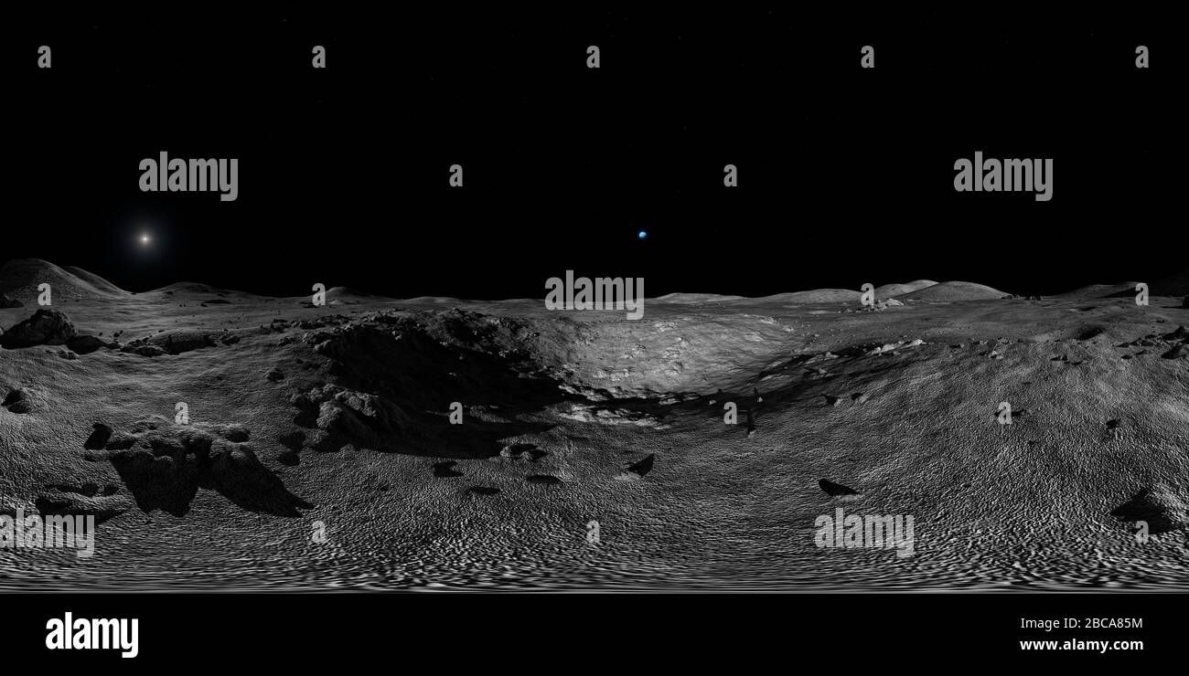 Vue VR de la surface de la Lune au coucher du soleil ou au lever du soleil. Il est conçu pour être utilisé dans un casque VR ou pour la projection à l'intérieur d'un dôme. Banque D'Images