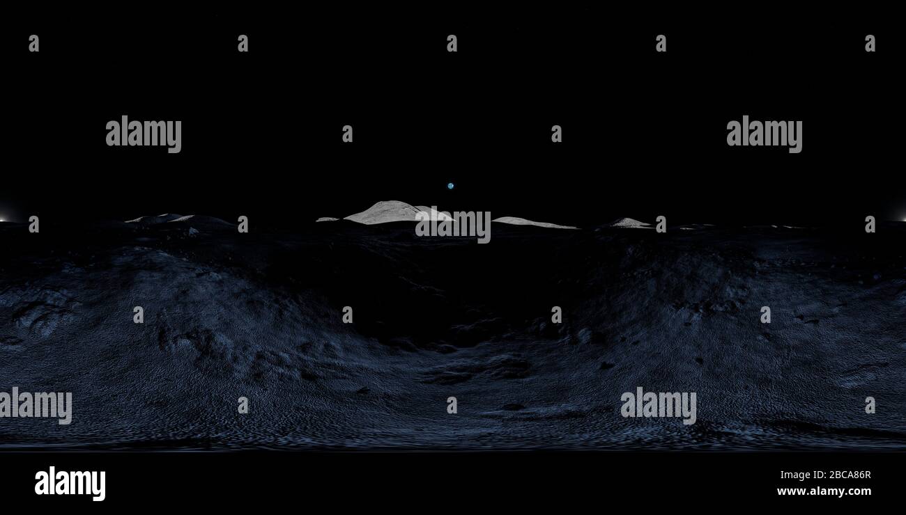 Vue VR de la surface de la Lune au coucher du soleil ou au lever du soleil. Il est conçu pour être utilisé dans un casque VR ou pour la projection à l'intérieur d'un dôme. Banque D'Images