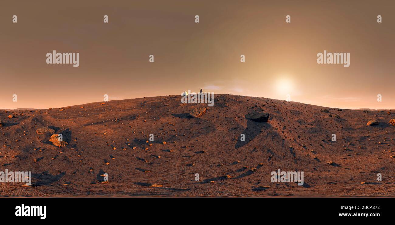 Il s'agit d'une image VR à 360 degrés montrant des astronautes à la surface de Mars. Pour une utilisation dans un casque VR ou pour une projection à l'intérieur d'un dôme. Banque D'Images