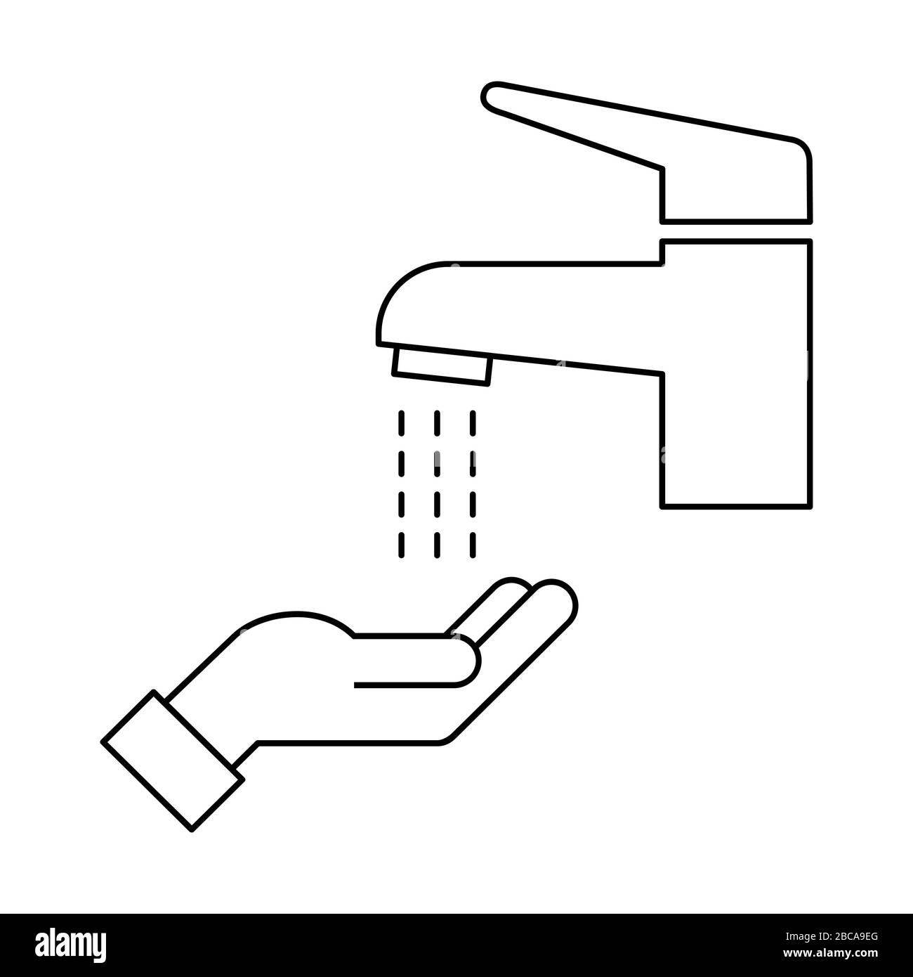 Icône de ligne du robinet de la main et du mixeur. Signe de lavage des mains. L'eau de streaming d'un robinet dans la salle de bains. Protection antivirus et antibactérienne. Hygiène personnelle Illustration de Vecteur