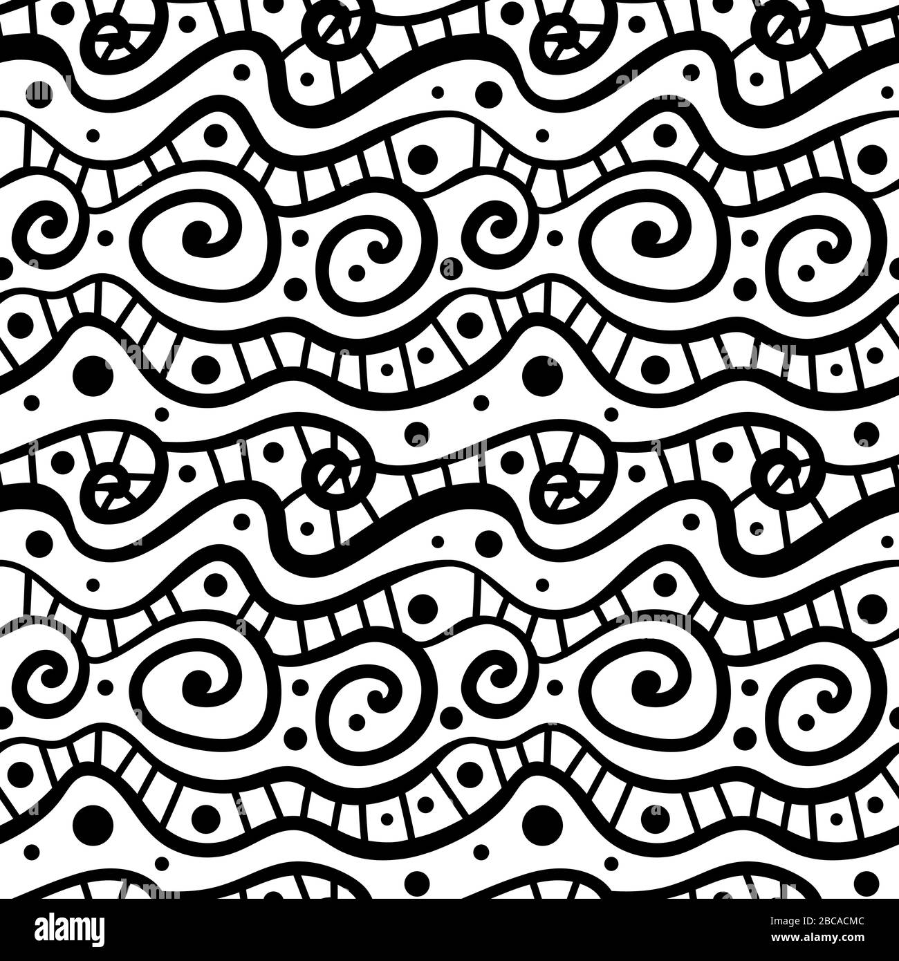 Motif abstrait sans couture avec spirales noires, vagues et points sur fond blanc. Illustration vectorielle. Illustration de Vecteur