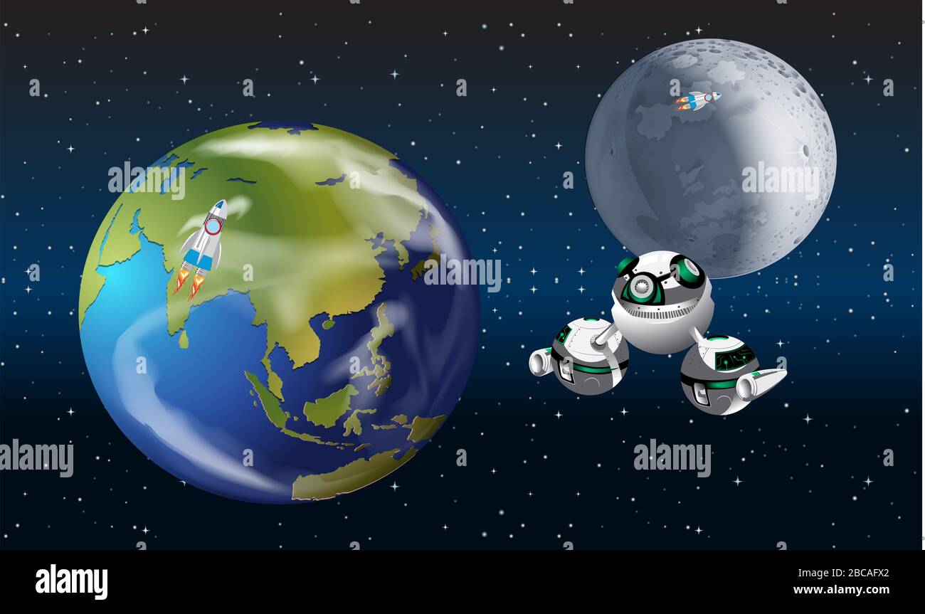 vaisseau spatial et satellite voyagent régulièrement de la terre à la lune Illustration de Vecteur