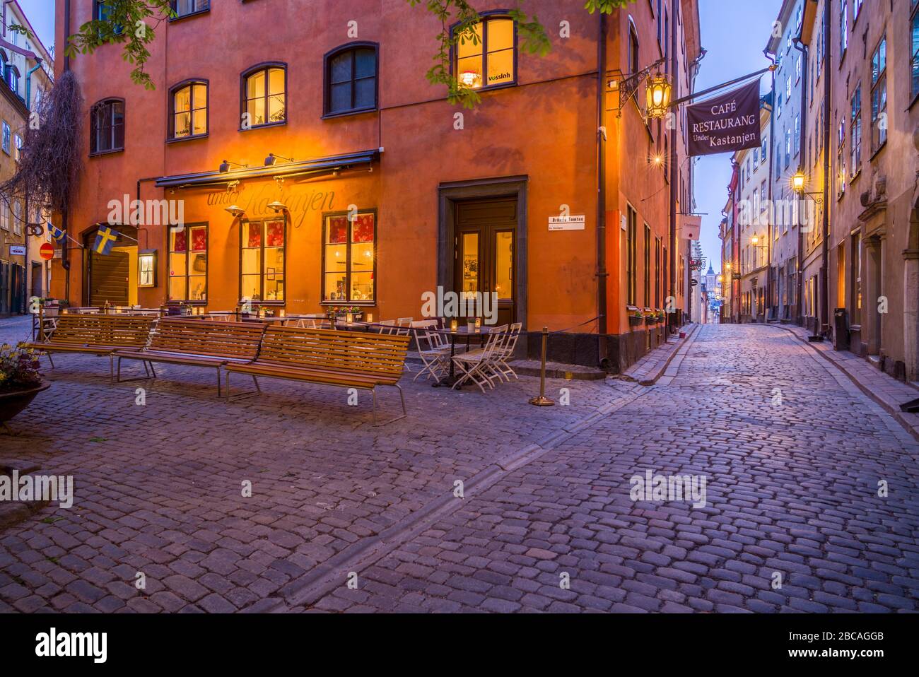 Suède, Stockholm, Gamla Stan, vieille ville, restaurant de la vieille ville, soirée, extérieur Banque D'Images